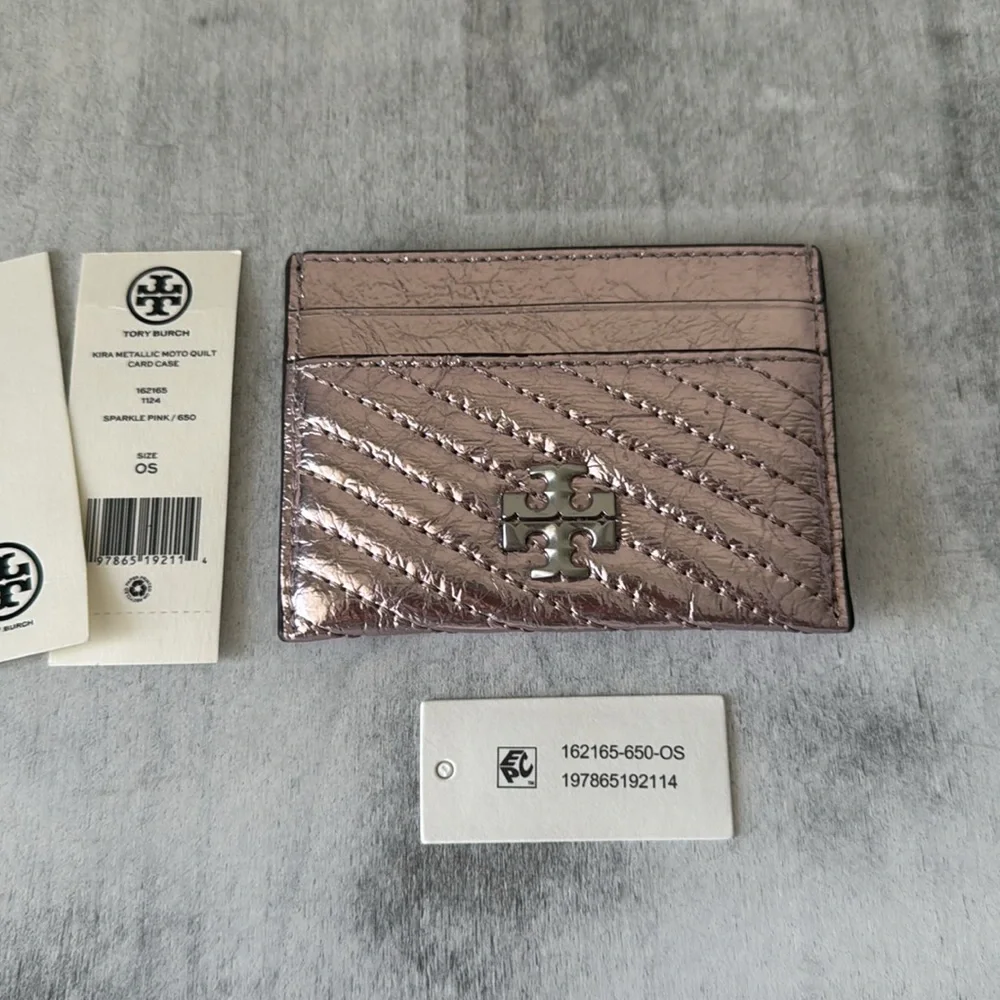 Tory Burch Leather Kira Moto Quilt Metallic Pave Logo Card Case Sparkle Pink